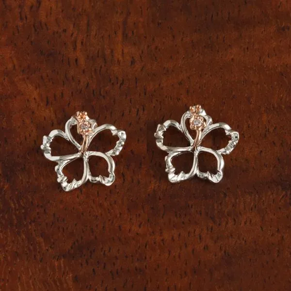 Sterling Silver Two Tone Pink Gold Plated Hibiscus with CZ Floating Post Earrings (8-18mm)