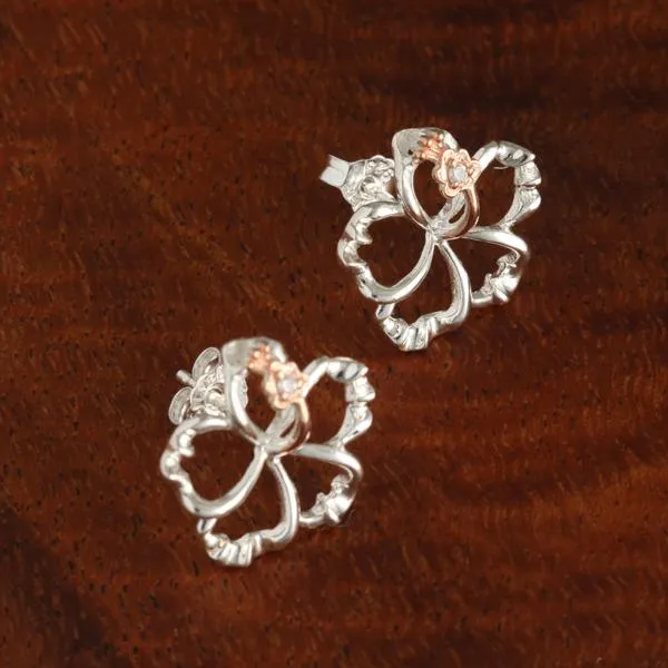 Sterling Silver Two Tone Pink Gold Plated Hibiscus with CZ Floating Post Earrings (8-18mm)