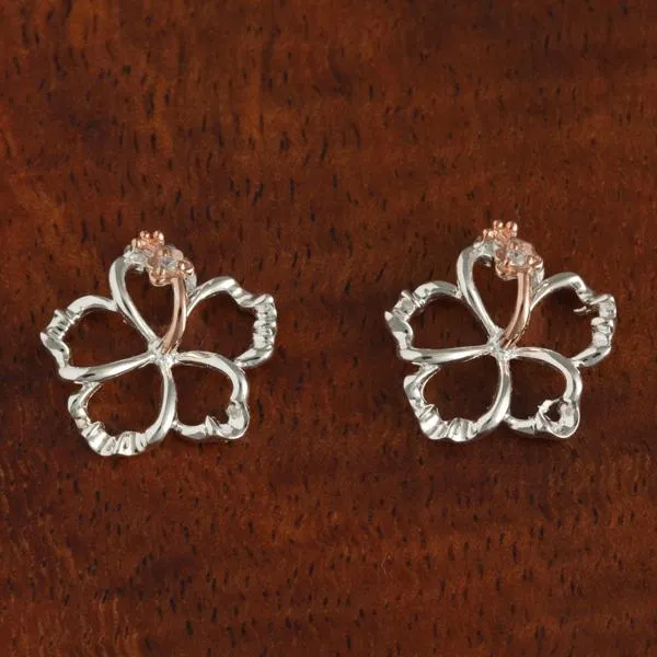 Sterling Silver Two Tone Pink Gold Plated Hibiscus with CZ Floating Post Earrings (8-18mm)