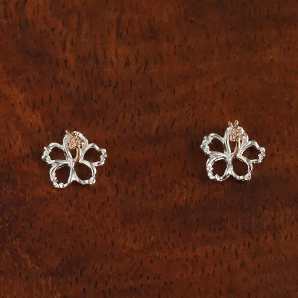 Sterling Silver Two Tone Pink Gold Plated Hibiscus with CZ Floating Post Earrings (8-18mm)
