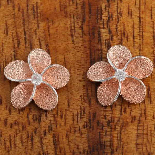 Sterling Silver Two Tone Pink Gold Plated Plumeria with CZ Raised Sandblast Post Earrings (10mm/12mm)