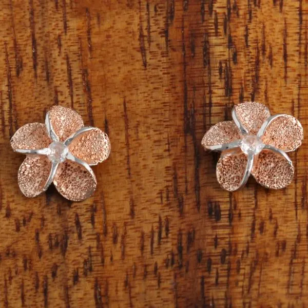 Sterling Silver Two Tone Pink Gold Plated Plumeria with CZ Raised Sandblast Post Earrings (10mm/12mm)