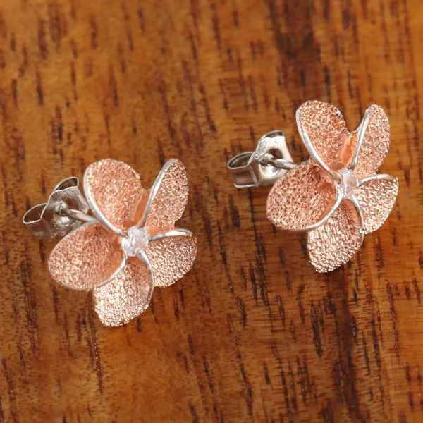 Sterling Silver Two Tone Pink Gold Plated Plumeria with CZ Raised Sandblast Post Earrings (10mm/12mm)