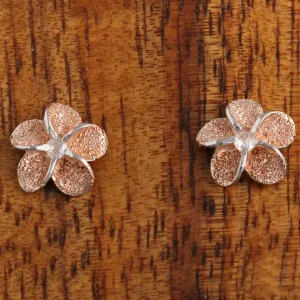 Sterling Silver Two Tone Pink Gold Plated Plumeria with CZ Raised Sandblast Post Earrings (10mm/12mm)