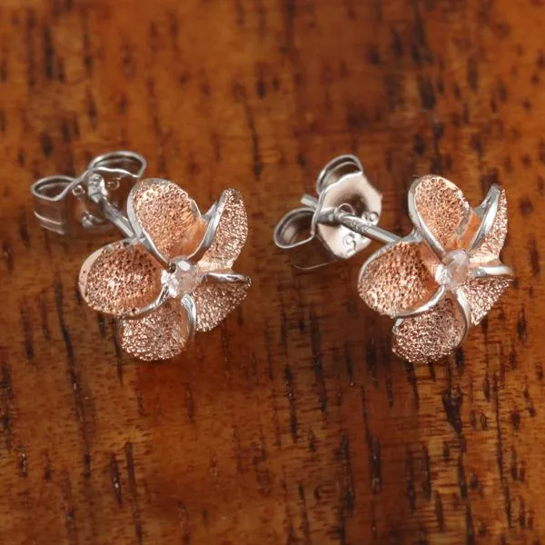 Sterling Silver Two Tone Pink Gold Plated Plumeria with CZ Raised Sandblast Post Earrings (10mm/12mm)