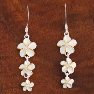 Sterling Silver Two Tone Yellow Gold Plated 10-8-6mm Plumeria with Purple CZ Hook Earrings