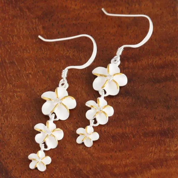 Sterling Silver Two Tone Yellow Gold Plated 10-8-6mm Plumeria with Purple CZ Hook Earrings