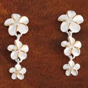 Sterling Silver Two Tone Yellow Gold Plated 12-10-8mm Plumeria with CZ Post Earrings