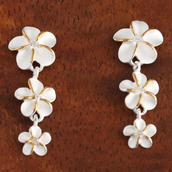 Sterling Silver Two Tone Yellow Gold Plated 12-10-8mm Plumeria with CZ Post Earrings