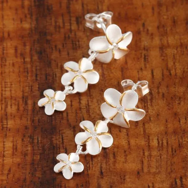 Sterling Silver Two Tone Yellow Gold Plated 12-10-8mm Plumeria with CZ Post Earrings