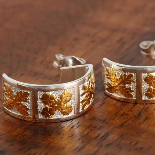 Sterling Silver Two Tone Yellow Gold Plated 3 Quilt Half Moon Earrings 8mm