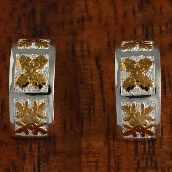 Sterling Silver Two Tone Yellow Gold Plated 3 Quilt Half Moon Earrings 8mm