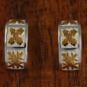 Sterling Silver Two Tone Yellow Gold Plated 3 Quilt Half Moon Earrings 8mm