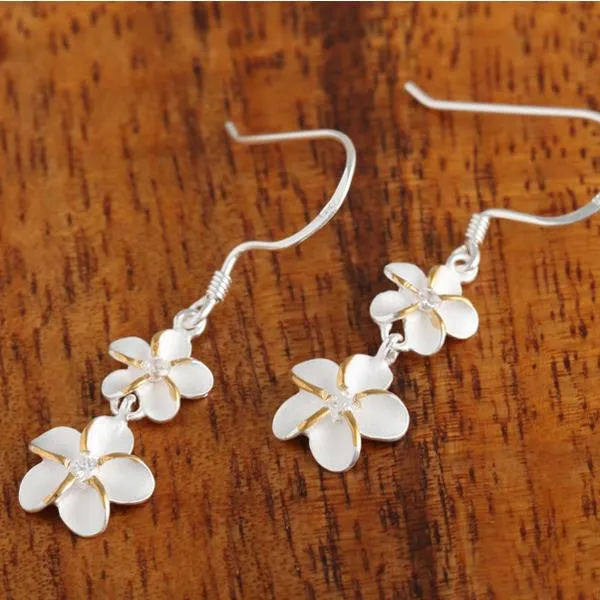 Sterling Silver Two Tone Yellow Gold Plated 6-8mm Plumeria with CZ Hook Earrings