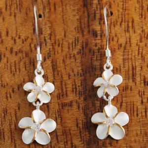 Sterling Silver Two Tone Yellow Gold Plated 6-8mm Plumeria with CZ Hook Earrings
