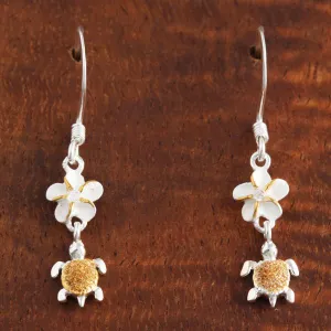 Sterling Silver Two Tone Yellow Gold Plated 6mm Plumeria with CZ and Honu (Hawaiian Turtle) Hook Earrings