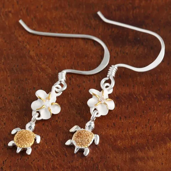 Sterling Silver Two Tone Yellow Gold Plated 6mm Plumeria with CZ and Honu (Hawaiian Turtle) Hook Earrings