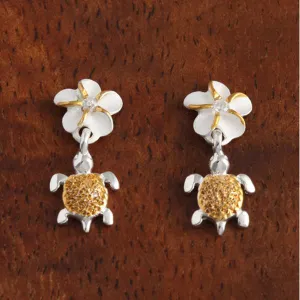 Sterling Silver Two Tone Yellow Gold Plated 6mm Plumeria with CZ and Honu (Hawaiian Turtle) Post Earrings