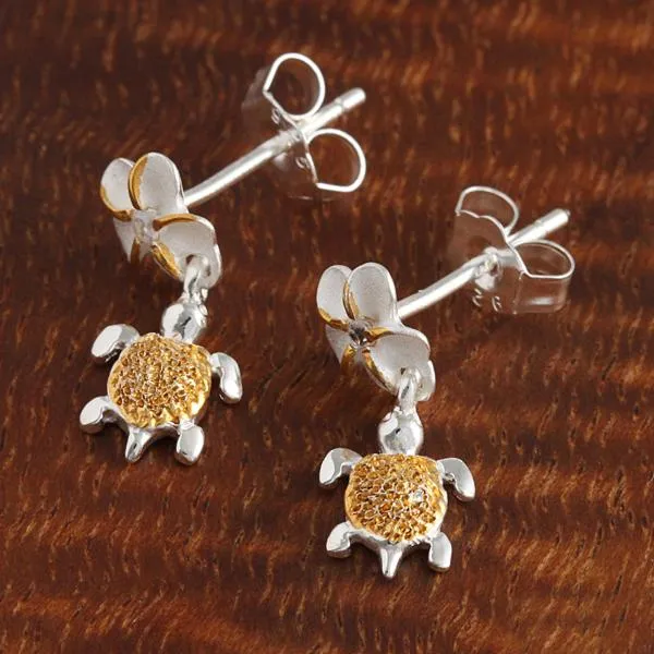 Sterling Silver Two Tone Yellow Gold Plated 6mm Plumeria with CZ and Honu (Hawaiian Turtle) Post Earrings