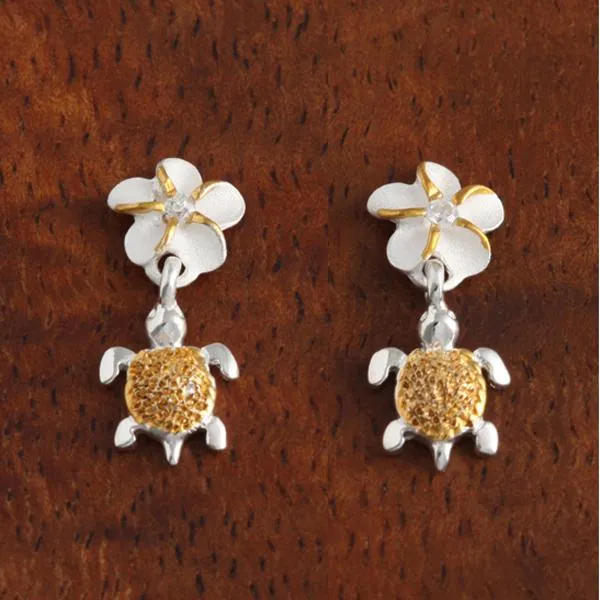 Sterling Silver Two Tone Yellow Gold Plated 6mm Plumeria with CZ and Honu (Hawaiian Turtle) Post Earrings