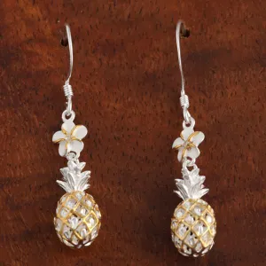 Sterling Silver Two Tone Yellow Gold Plated 6mm Plumeria with CZ and Pineapple Hook Earrings