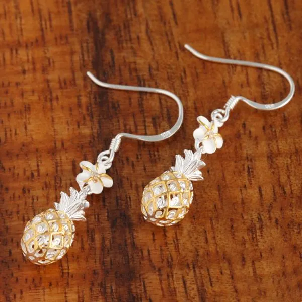 Sterling Silver Two Tone Yellow Gold Plated 6mm Plumeria with CZ and Pineapple Hook Earrings