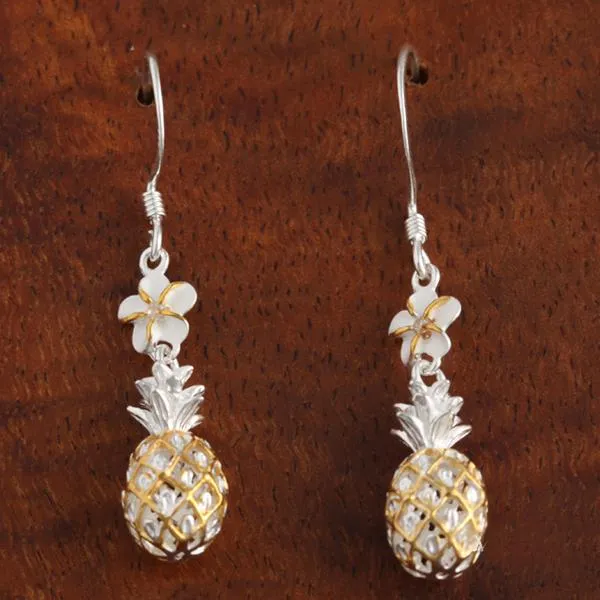 Sterling Silver Two Tone Yellow Gold Plated 6mm Plumeria with CZ and Pineapple Hook Earrings