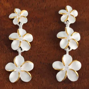 Sterling Silver Two Tone Yellow Gold Plated 8-10-12mm Plumeria with CZ Post Earrings