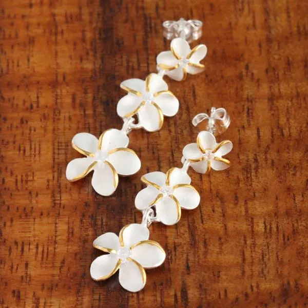 Sterling Silver Two Tone Yellow Gold Plated 8-10-12mm Plumeria with CZ Post Earrings