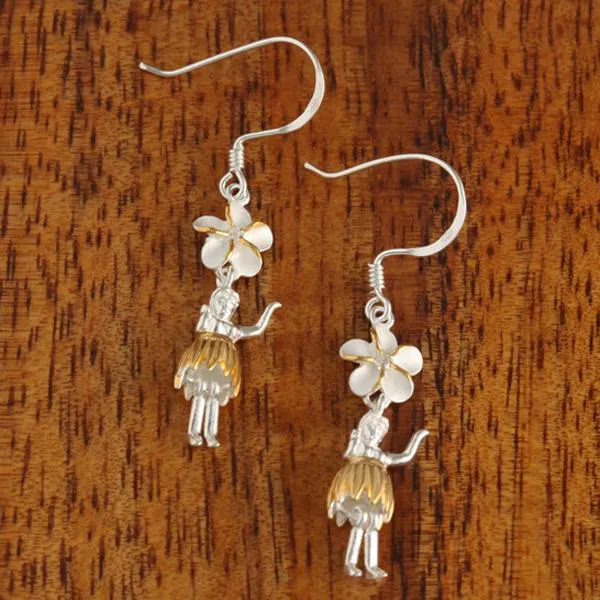 Sterling Silver Two Tone Yellow Gold Plated 8mm Plumeria with CZ and Hula Dancer Hook Earrings