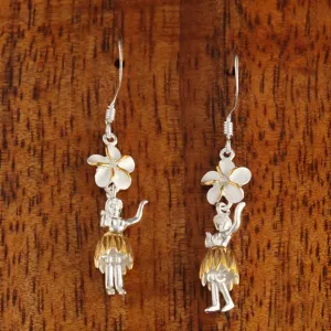 Sterling Silver Two Tone Yellow Gold Plated 8mm Plumeria with CZ and Hula Dancer Hook Earrings