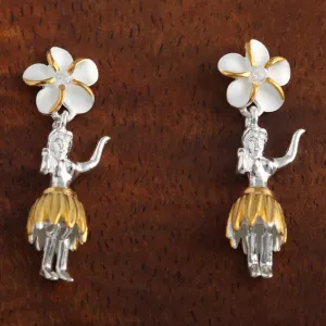 Sterling Silver Two Tone Yellow Gold Plated 8mm Plumeria with CZ and Hula Dancer Post Earrings