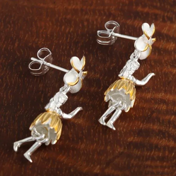 Sterling Silver Two Tone Yellow Gold Plated 8mm Plumeria with CZ and Hula Dancer Post Earrings