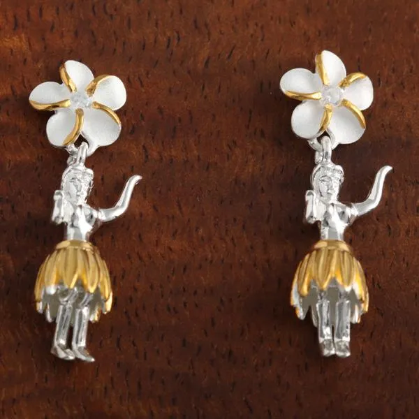 Sterling Silver Two Tone Yellow Gold Plated 8mm Plumeria with CZ and Hula Dancer Post Earrings