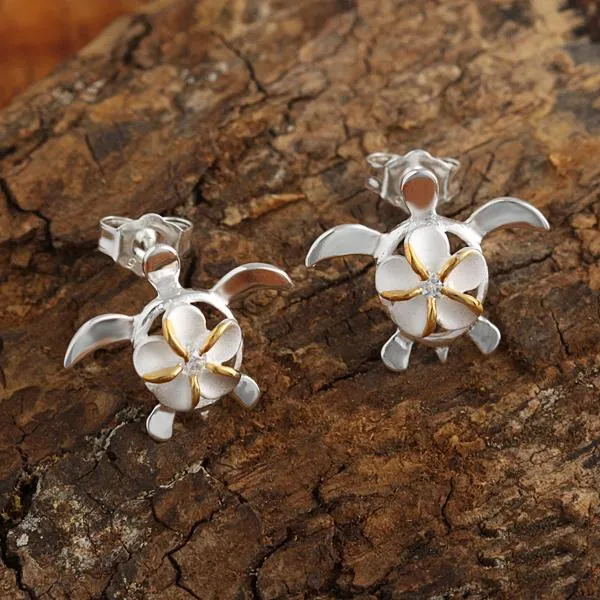 Sterling Silver Two Tone Yellow Gold Plated 8mm Plumeria with CZ on Honu (Hawaiian Turtle) Post Earrings