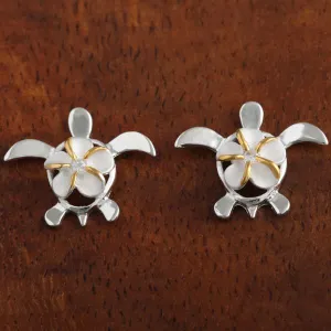 Sterling Silver Two Tone Yellow Gold Plated 8mm Plumeria with CZ on Honu (Hawaiian Turtle) Post Earrings