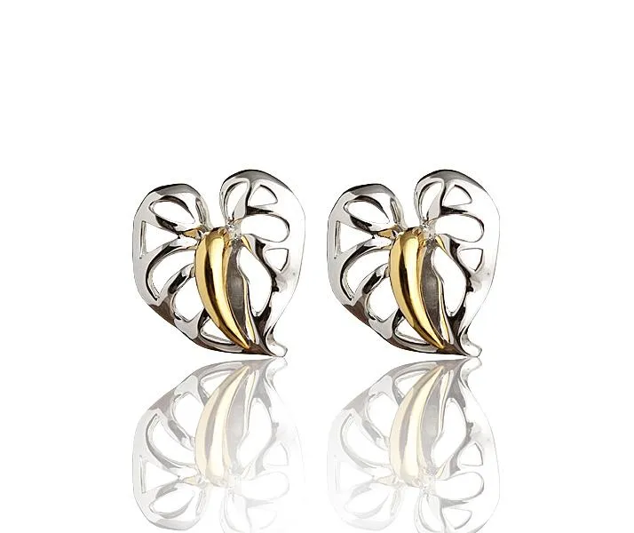 Sterling Silver Two Tone Yellow Gold Plated Anthurium Post Earrings