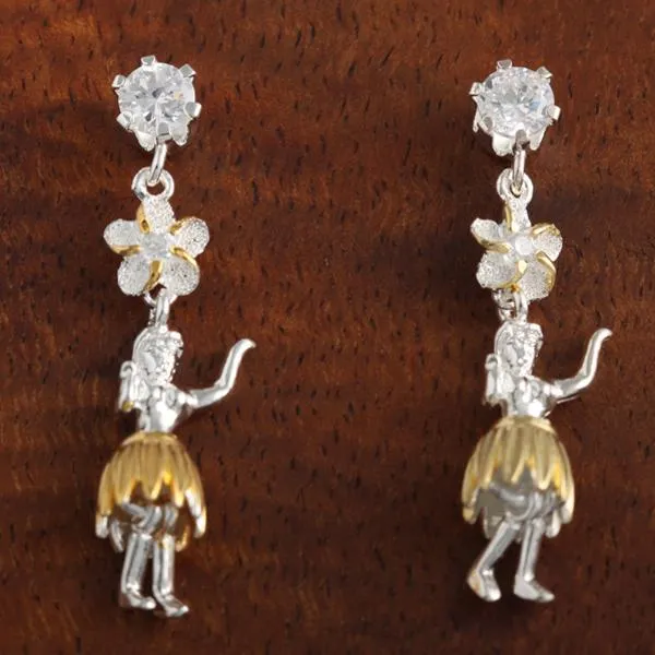 Sterling Silver Two Tone Yellow Gold Plated CZ, 6mm Plumeria CZ and Hula Dancer Post Earrings