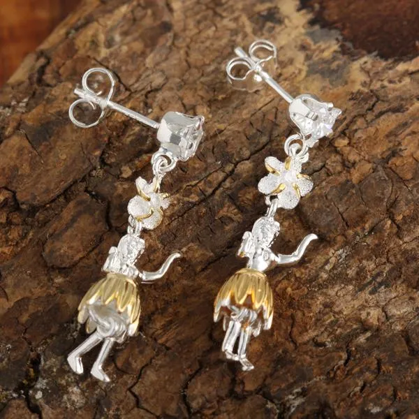 Sterling Silver Two Tone Yellow Gold Plated CZ, 6mm Plumeria CZ and Hula Dancer Post Earrings