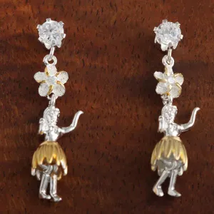 Sterling Silver Two Tone Yellow Gold Plated CZ, 6mm Plumeria CZ and Hula Dancer Post Earrings
