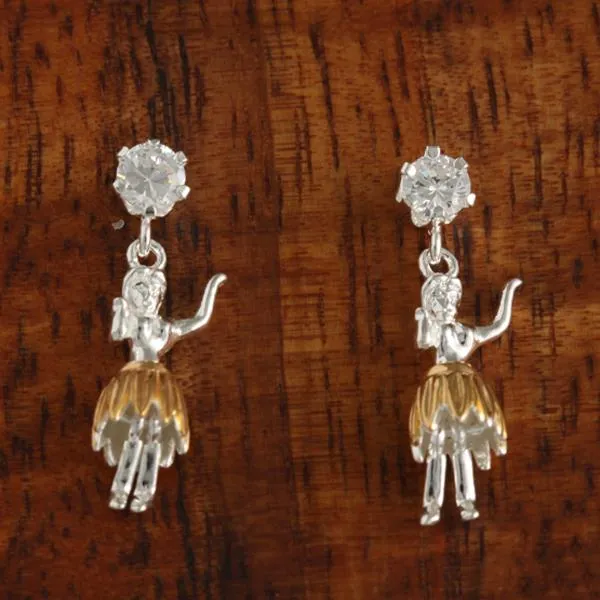 Sterling Silver Two Tone Yellow Gold Plated CZ and Hula Dancer Post Earrings