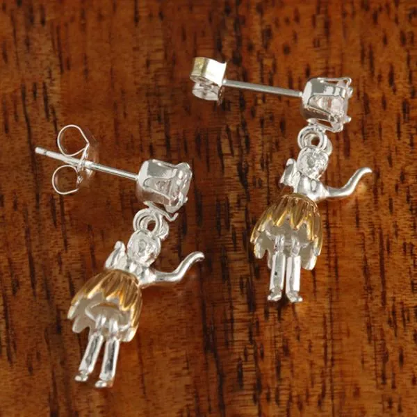 Sterling Silver Two Tone Yellow Gold Plated CZ and Hula Dancer Post Earrings