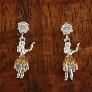 Sterling Silver Two Tone Yellow Gold Plated CZ and Hula Dancer Post Earrings