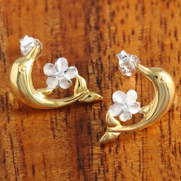 Sterling Silver Two Tone Yellow Gold Plated Dolphin and Plumeria with CZ Post Earrings