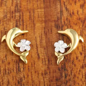 Sterling Silver Two Tone Yellow Gold Plated Dolphin and Plumeria with CZ Post Earrings