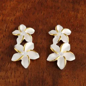 Sterling Silver Two Tone Yellow Gold Plated Double Plumeria with CZ Post Earrings