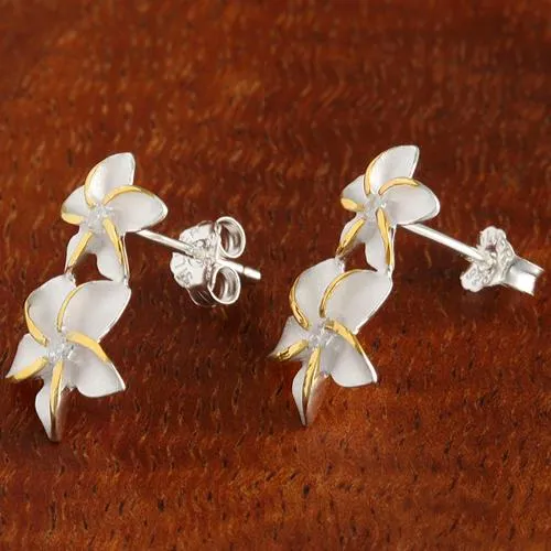 Sterling Silver Two Tone Yellow Gold Plated Double Plumeria with CZ Post Earrings