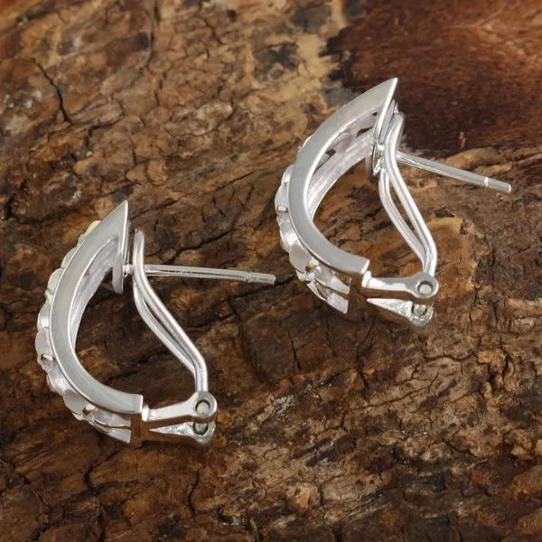 Sterling Silver Two Tone Yellow Gold Plated Four Plumeria with CZ Half Moon French Clip Earrings