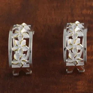 Sterling Silver Two Tone Yellow Gold Plated Four Plumeria with CZ Half Moon French Clip Earrings