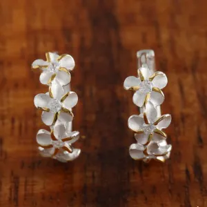 Sterling Silver Two Tone Yellow Gold Plated Four Plumeria with CZ Hoop Earrings